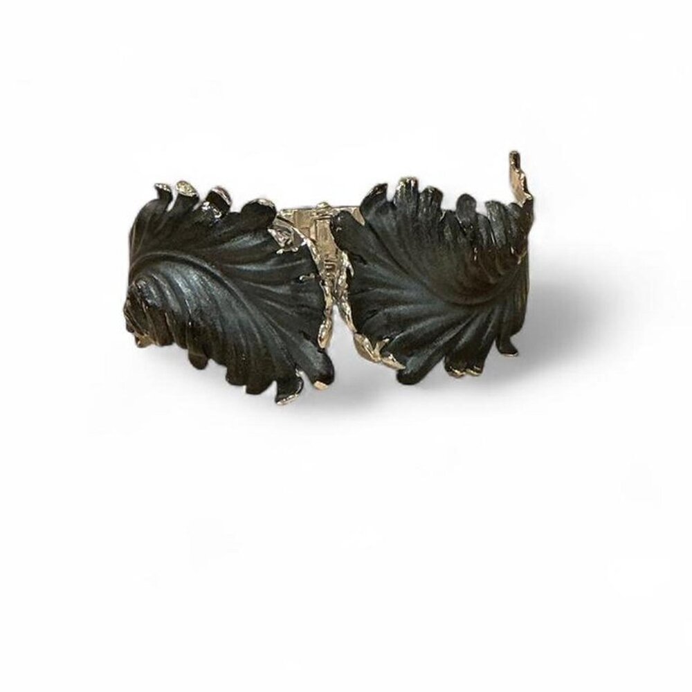 Vintage‎ Leaf Clamp Cuff Bracelet Silver Tone Enamel